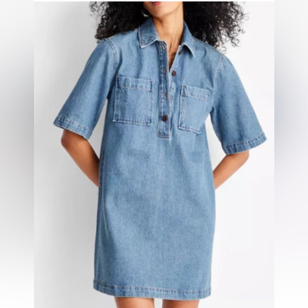 Future Collective Women's Soft Blue Denim Mini Shirtdress Size Medium | NWT - Picture 2 of 7